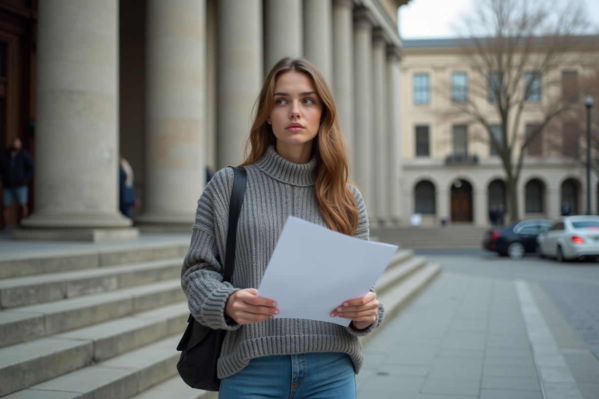 Jeune femme devant un tribunal avec document inquiet