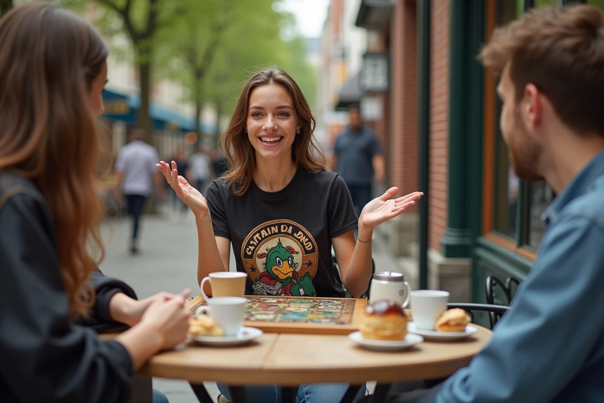 Jeune femme expliquant un jeu à ses amis en extérieur