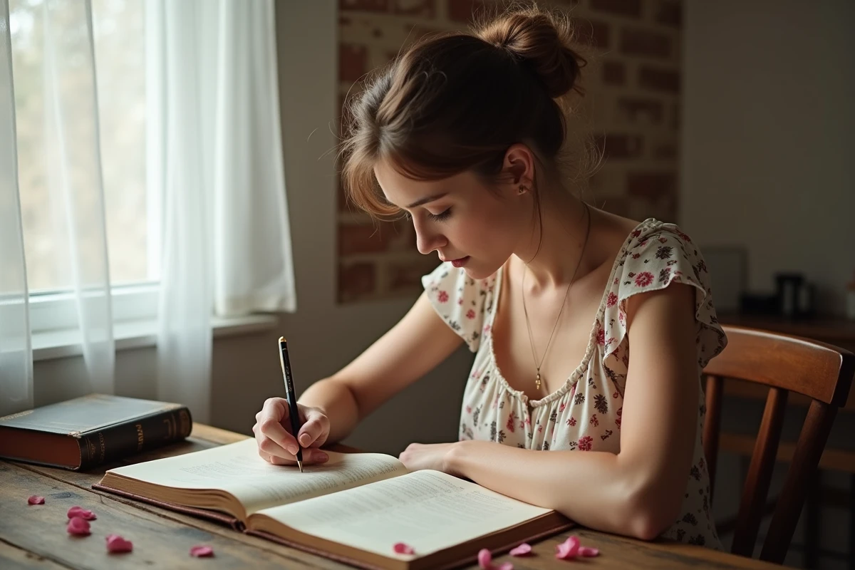 Femme écrivant une déclaration d'amour en espagnol dans un journal avec un stylo plume