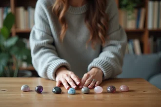 Femme arrangeant des pierres précieuses dans un salon calme