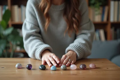 Femme arrangeant des pierres pr&eacute;cieuses dans un salon calme