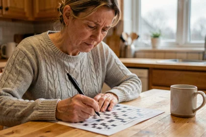 Femme concentrée remplissant une grille de mots croisés avec un stylo noir sur une table en bois dans une cuisine chaleureuse