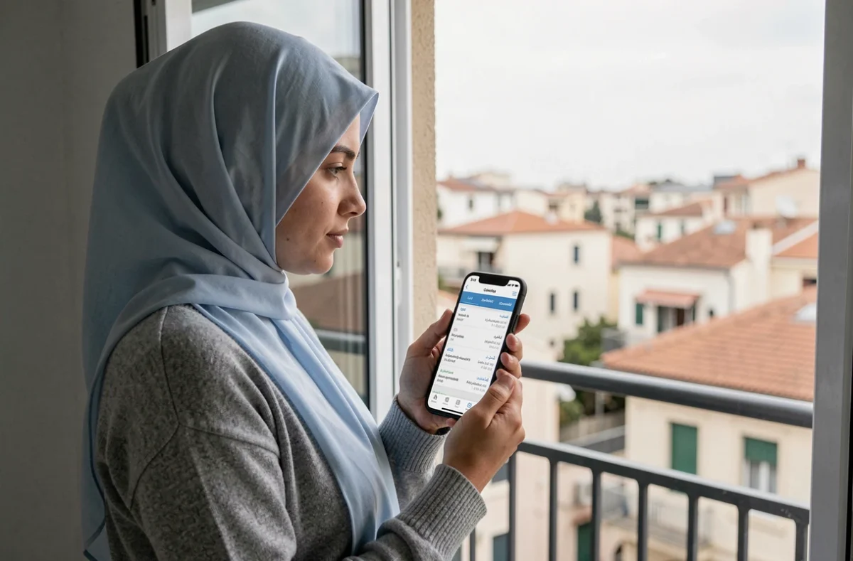 Jeune femme voilée consultant les heures de prière Marseille 13015 sur son téléphone près d'une fenêtre