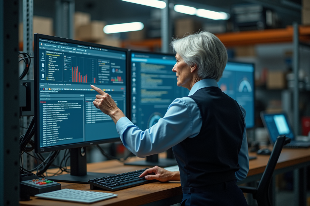 Femme âgée interagissant avec une interface textuelle en atelier technique