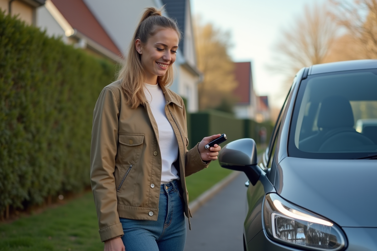 Jeune femme utilisant une clé de voiture dans un quartier résidentiel