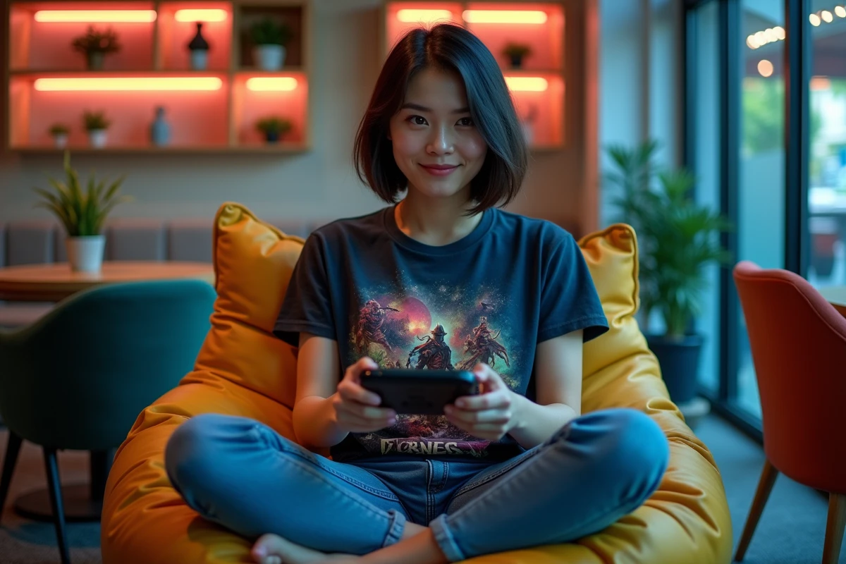 Jeune femme jouant à un jeu de rôle sur console portable dans un salon de gaming moderne avec décoration geek