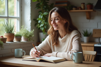 Femme en sweater pastel écrivant dans un journal dans la cuisine