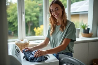 Femme souriante chargeant un lave-linge solaire dans une buanderie lumineuse
