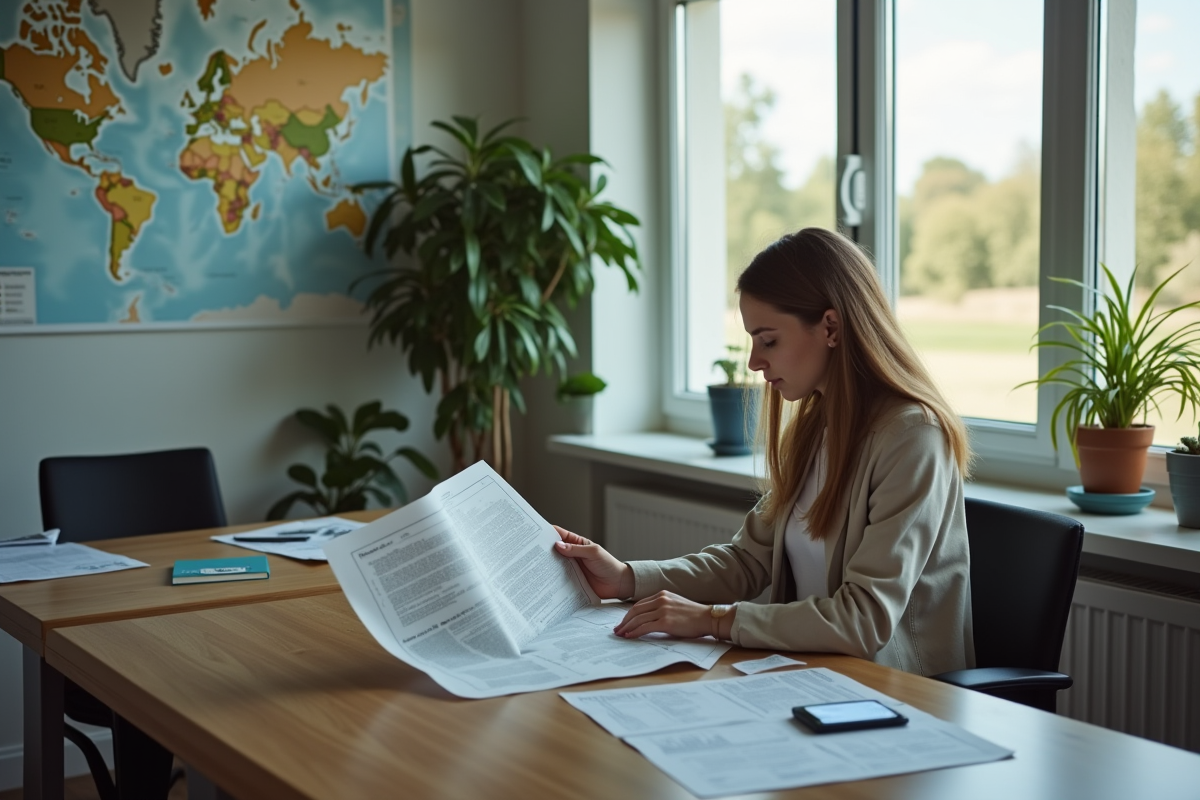 Jeune femme examinant une carte dans un bureau moderne