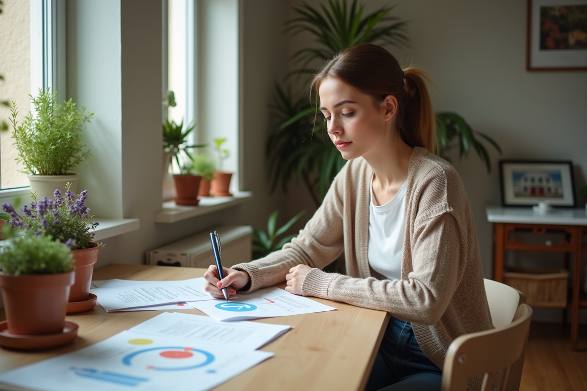 Jeune femme assise avec documents et DPE dans un appartement chaleureux