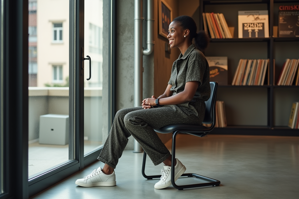 Femme noire assise dans un loft avec combinaison vintage