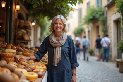 Femme souriante dans un marché français coloré