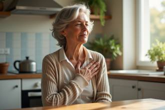 Femme mature en méditation dans sa cuisine lumineuse