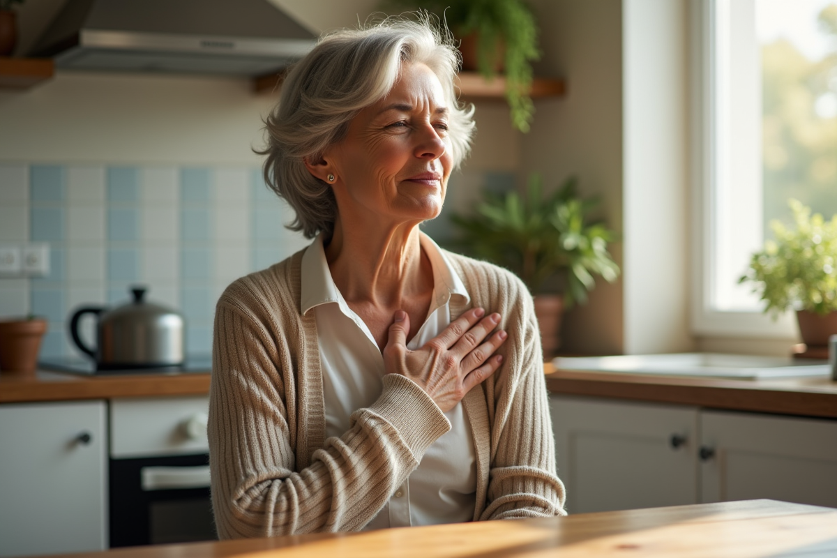 Femme mature en méditation dans sa cuisine lumineuse