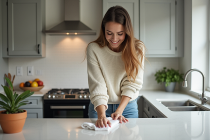 Jeune femme nettoyant un plan de travail de cuisine moderne