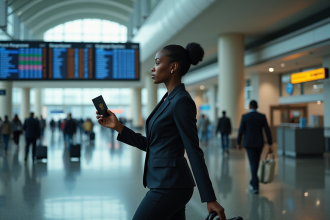 Femme noire en costume avec passeport devant panneau aeroport