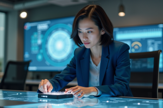 Femme en costume bleu examine un ordinateur quantique