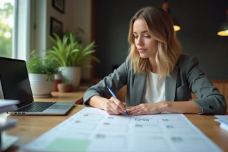 Jeune femme d'affaires planifiant ses dates sur un calendrier