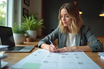 Jeune femme d'affaires planifiant ses dates sur un calendrier