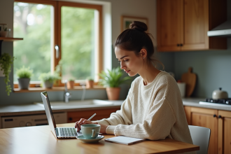 Femme organisée travaillant à la maison avec ordinateur
