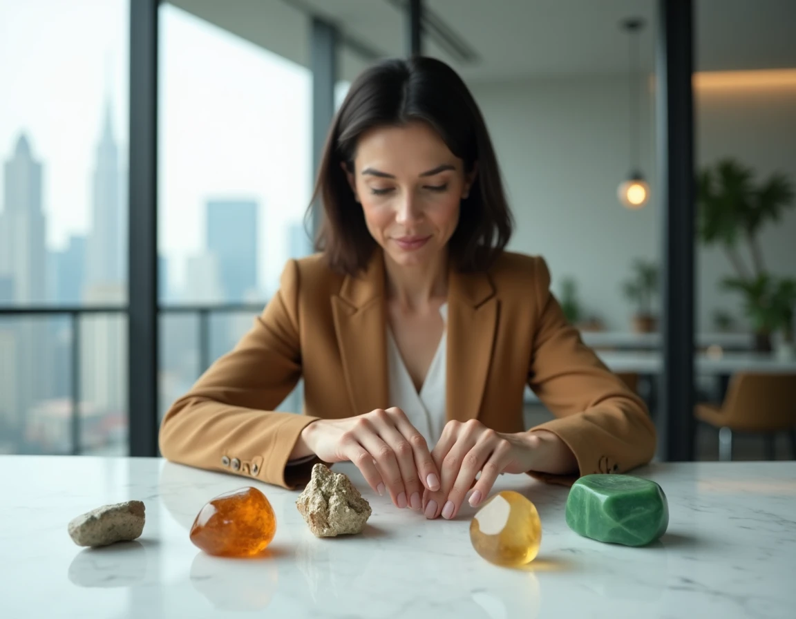 Femme arrangeant des pierres naturelles porte-chance comme la pyrite et la citrine sur un bureau en marbre