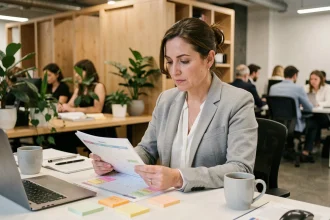 Femme cadre organisant son planning de semaine impaire au bureau avec un agenda papier et des post-its colorés