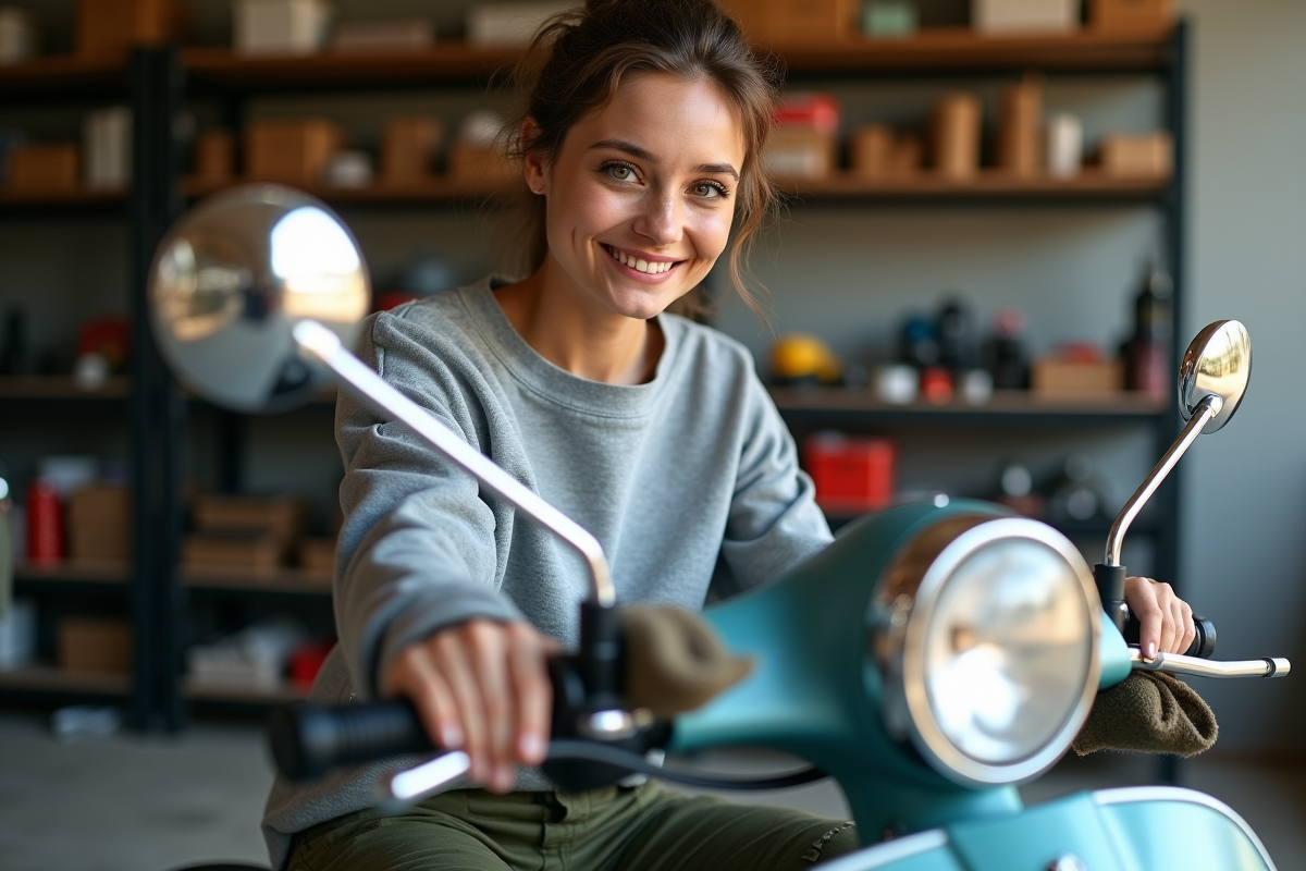Jeune femme nettoyant le guidon de son scooter Dax dans un garage