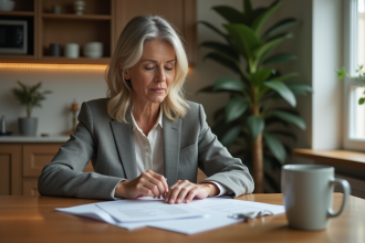 Femme d'âge moyen examine documents immobiliers à la maison