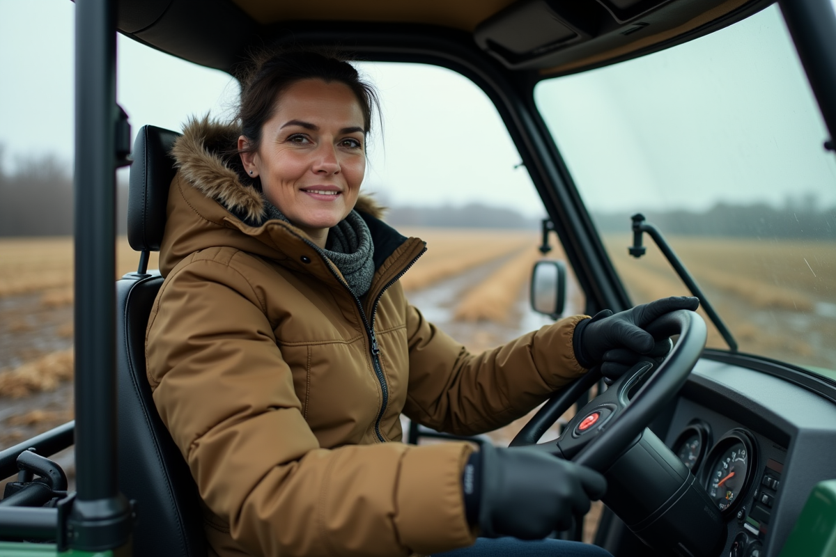 Femme dans la cabine d’un quad en champ ouvert