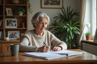 Femme de retraite lisant des brochures dans un intérieur chaleureux