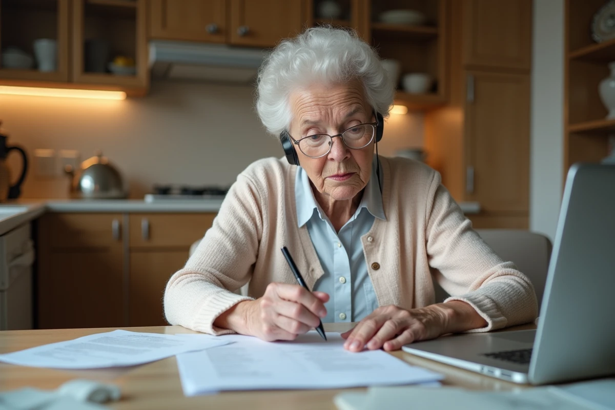 Femme &acirc;g&eacute;e v&eacute;rifiant un document notarial &agrave; la maison