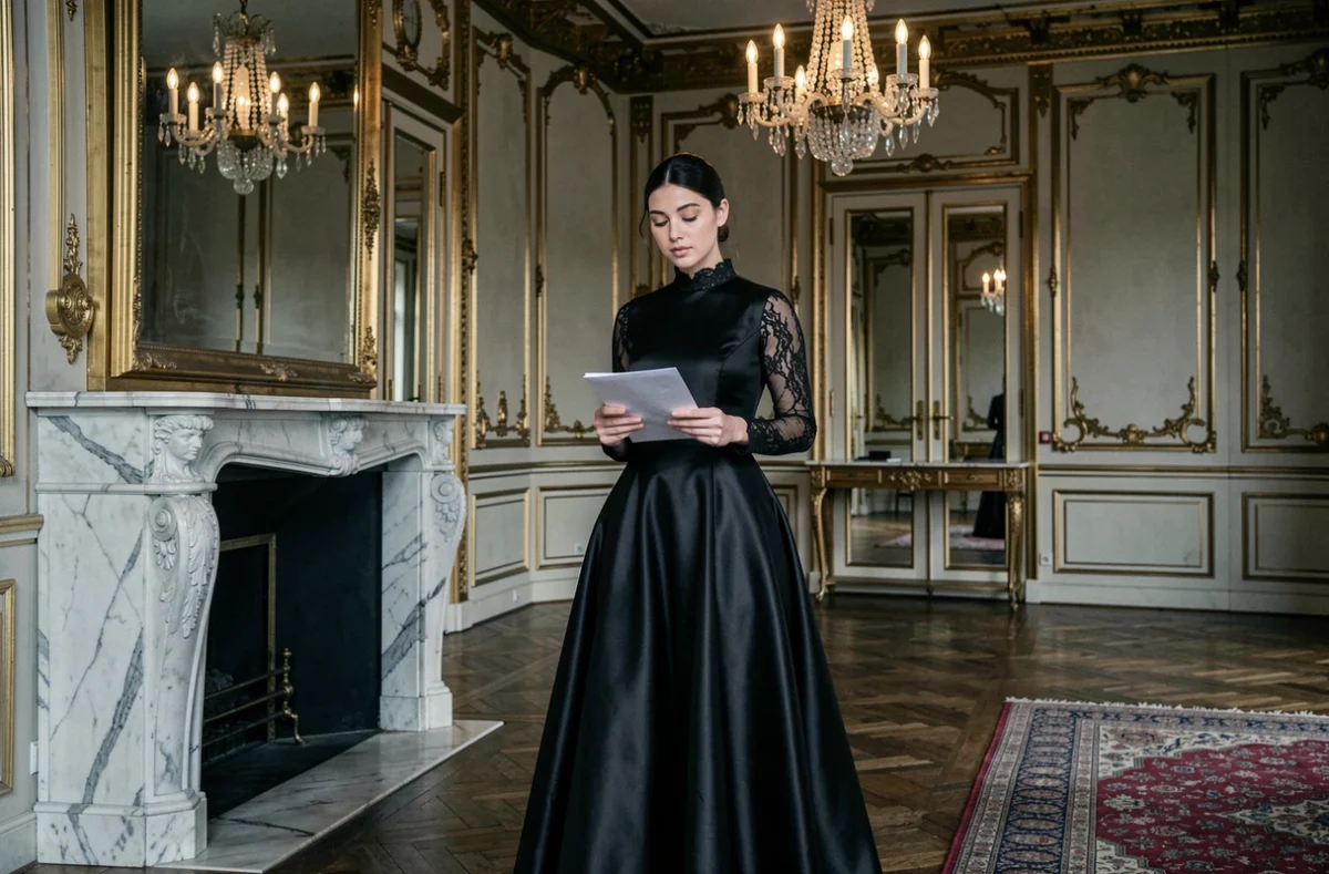 Jeune femme en robe noire du XIXe siècle tenant une lettre dans un salon de château français avec cheminée en marbre et miroir doré, illustration de l'atmosphère aristocratique du Rouge et le Noir de Stendhal