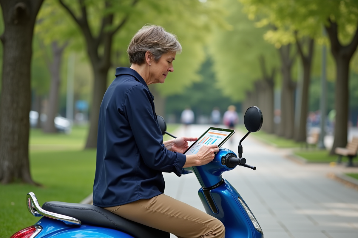 Femme assise sur un scooter bleu en regardant une tablette dans un parc