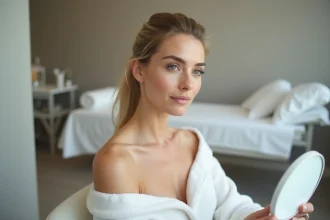 Femme examinant sa peau après un soin dermatologique dans une clinique moderne, tenant un miroir dans une ambiance épurée