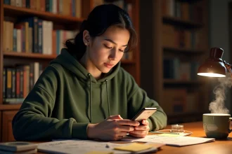 Jeune femme consultant une soluce de jeu Rooms and Exits sur son smartphone, entourée de notes manuscrites sur un bureau en bois