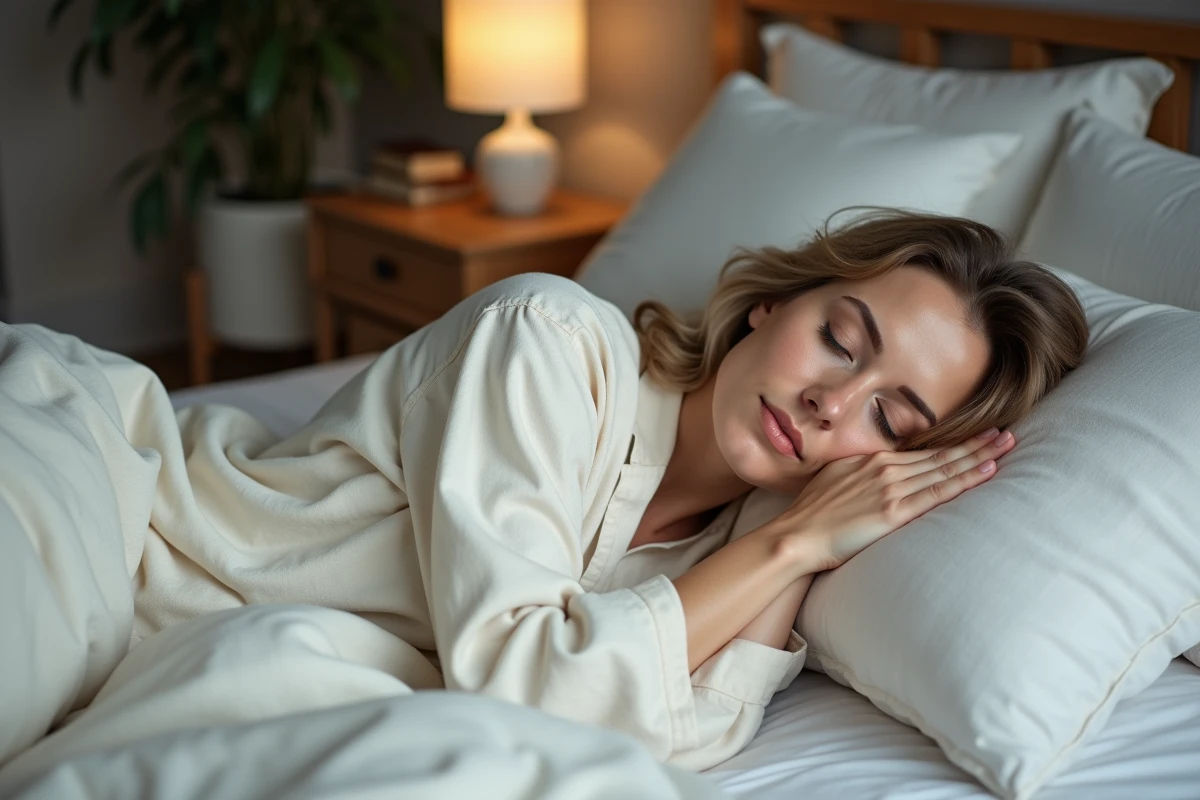Femme d'âge moyen dormant paisiblement dans son lit confortable