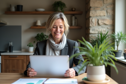 Femme souriante en immobilier avec documents et ordinateur