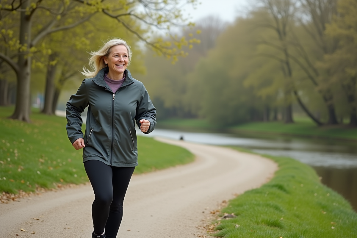 Femme en tenue de sport marchant dans un parc au printemps