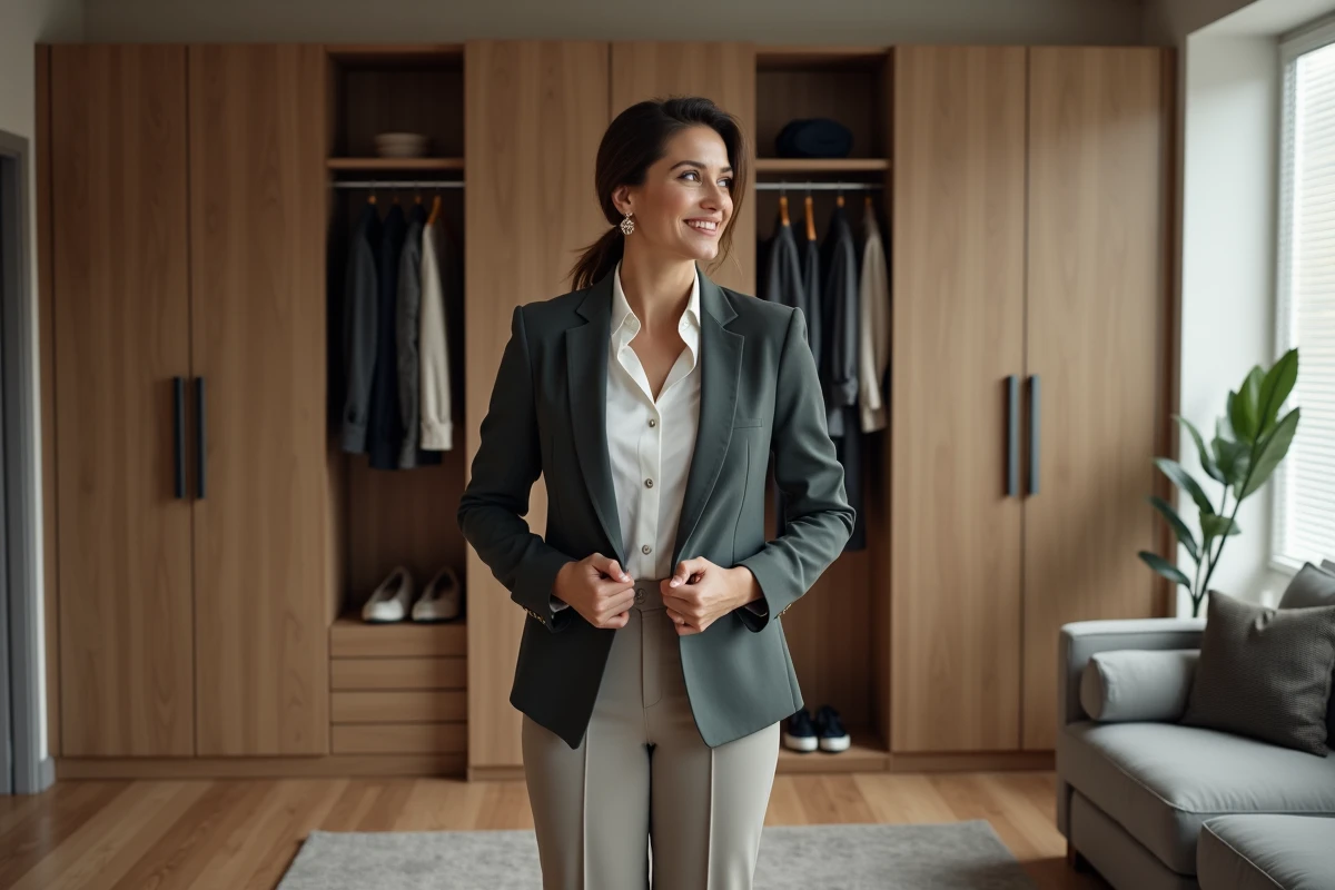 Femme élégante en vestiaire moderne et chic