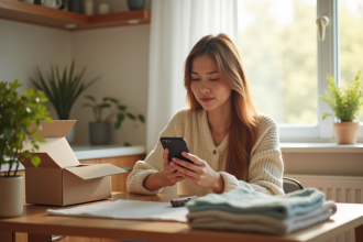 Jeune femme avec smartphone et colis dans la cuisine