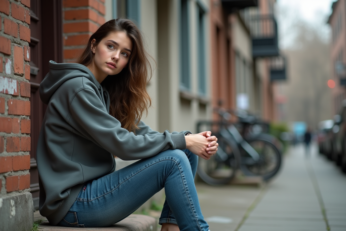 Jeune femme assise sur un trottoir en ville