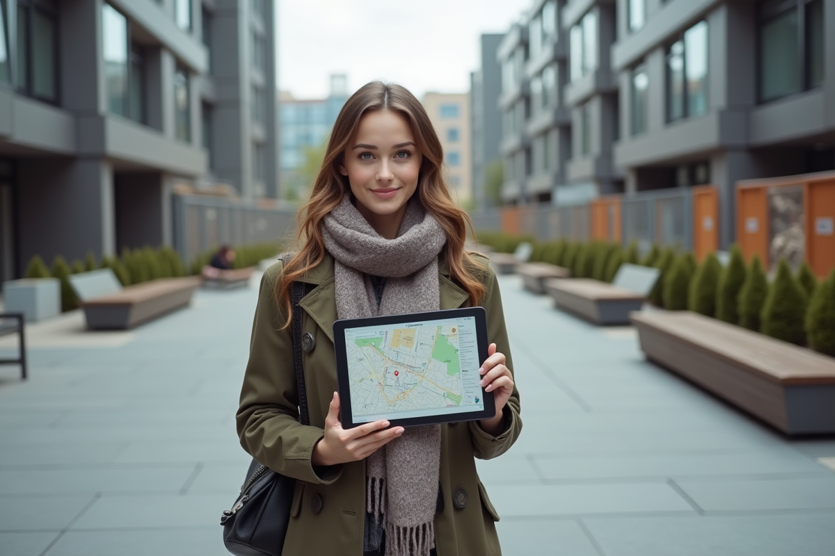 Jeune femme avec tablette sur place urbaine en développement