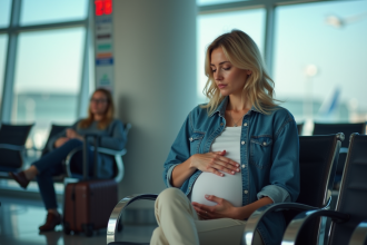 Femme enceinte dans un lounge aéroport avec expression pensive