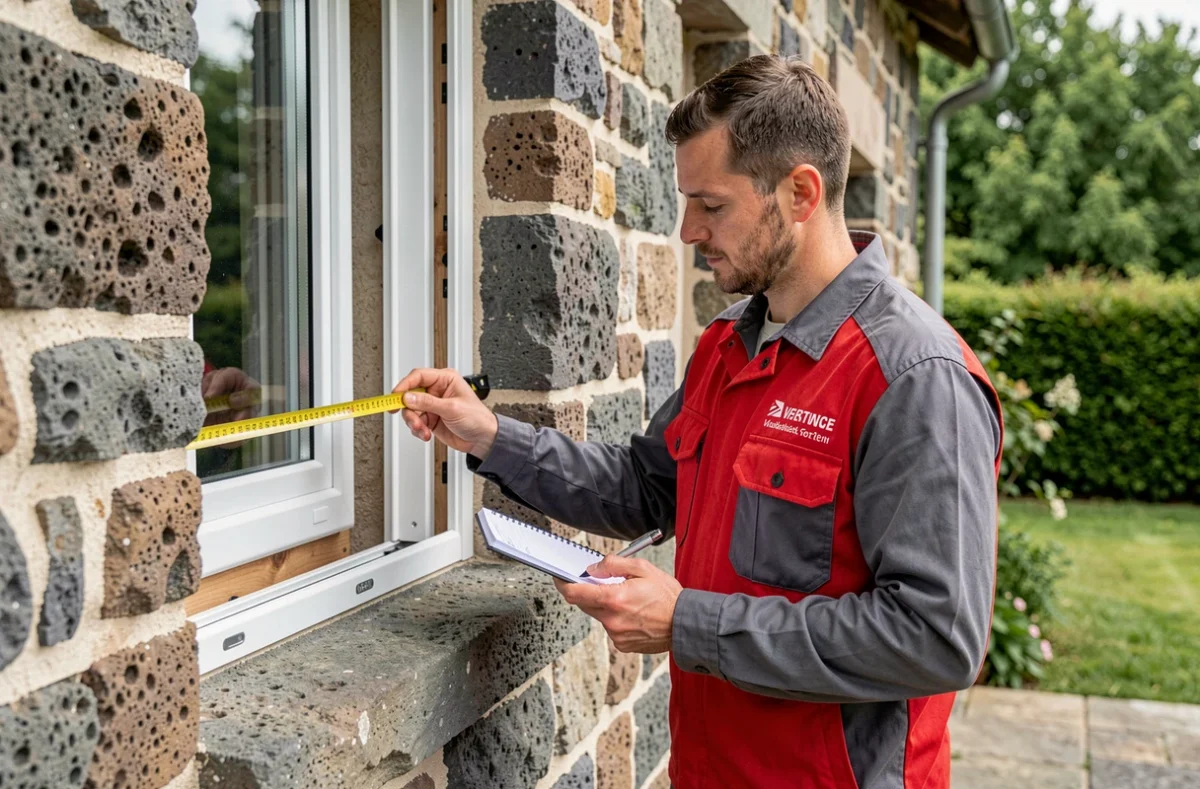 Un technicien des Fermetures du Velay mesure une fenêtre en PVC sur une maison en pierre volcanique typique du Velay