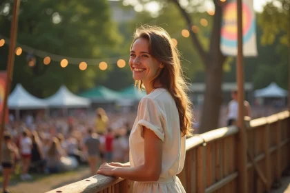 Jeune femme souriante devant une scène de festival de musique en plein air à Lyon en été