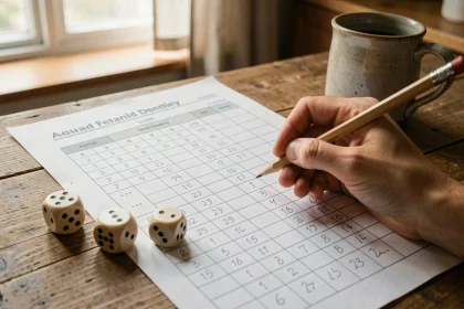 Feuille de score du jeu 421 imprimée sur une table en bois avec trois dés et un crayon à la main