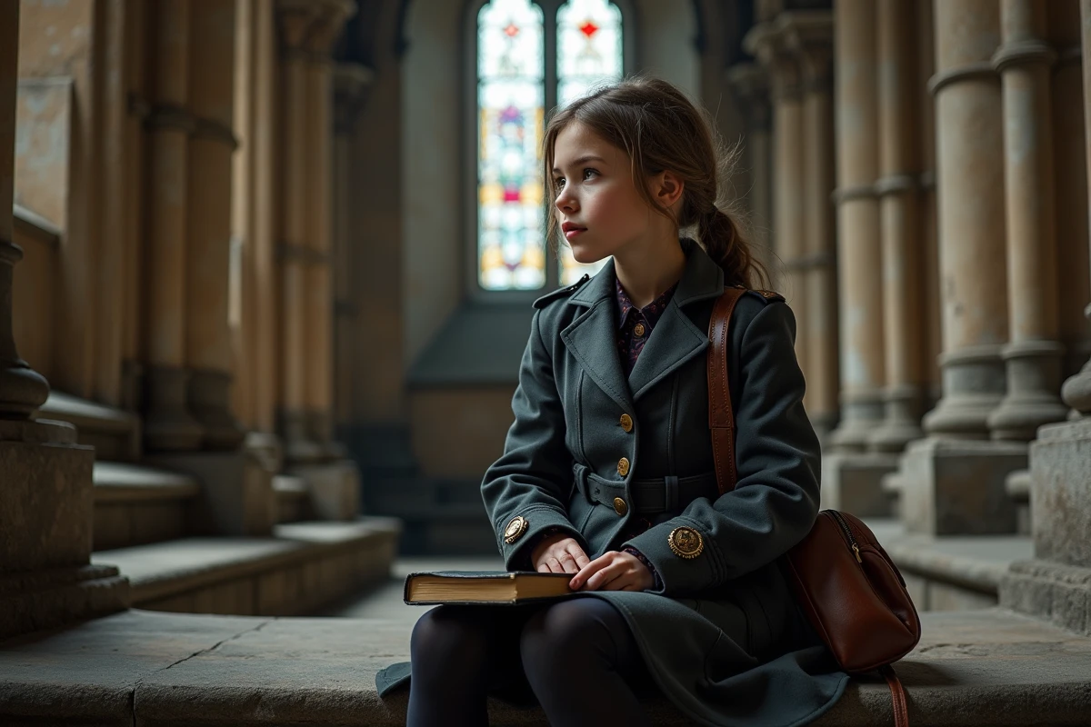 Fille en manteau militaire dans une cath&eacute;drale gothique