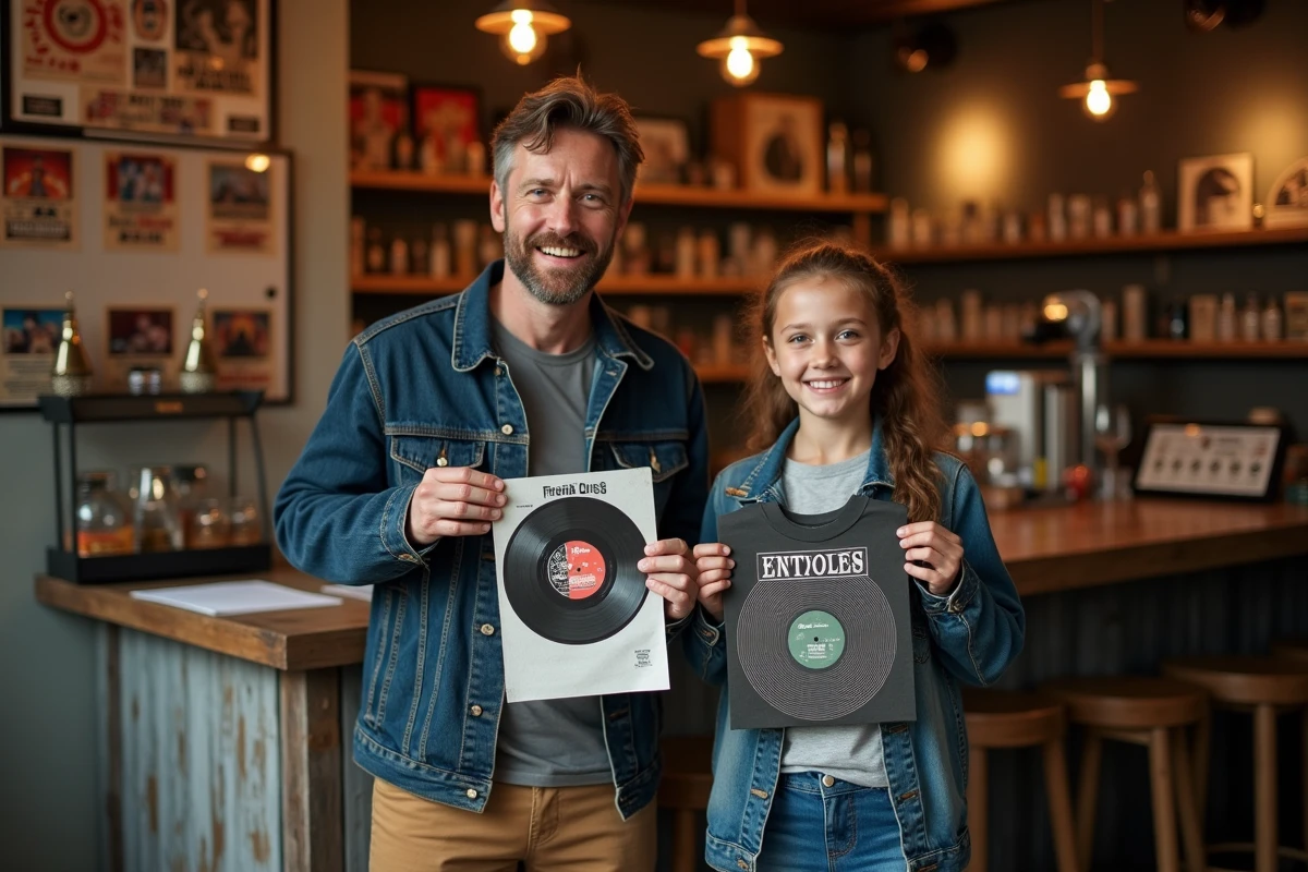 Fille et m&egrave;re avec produits de groupe rock dans bar cosy