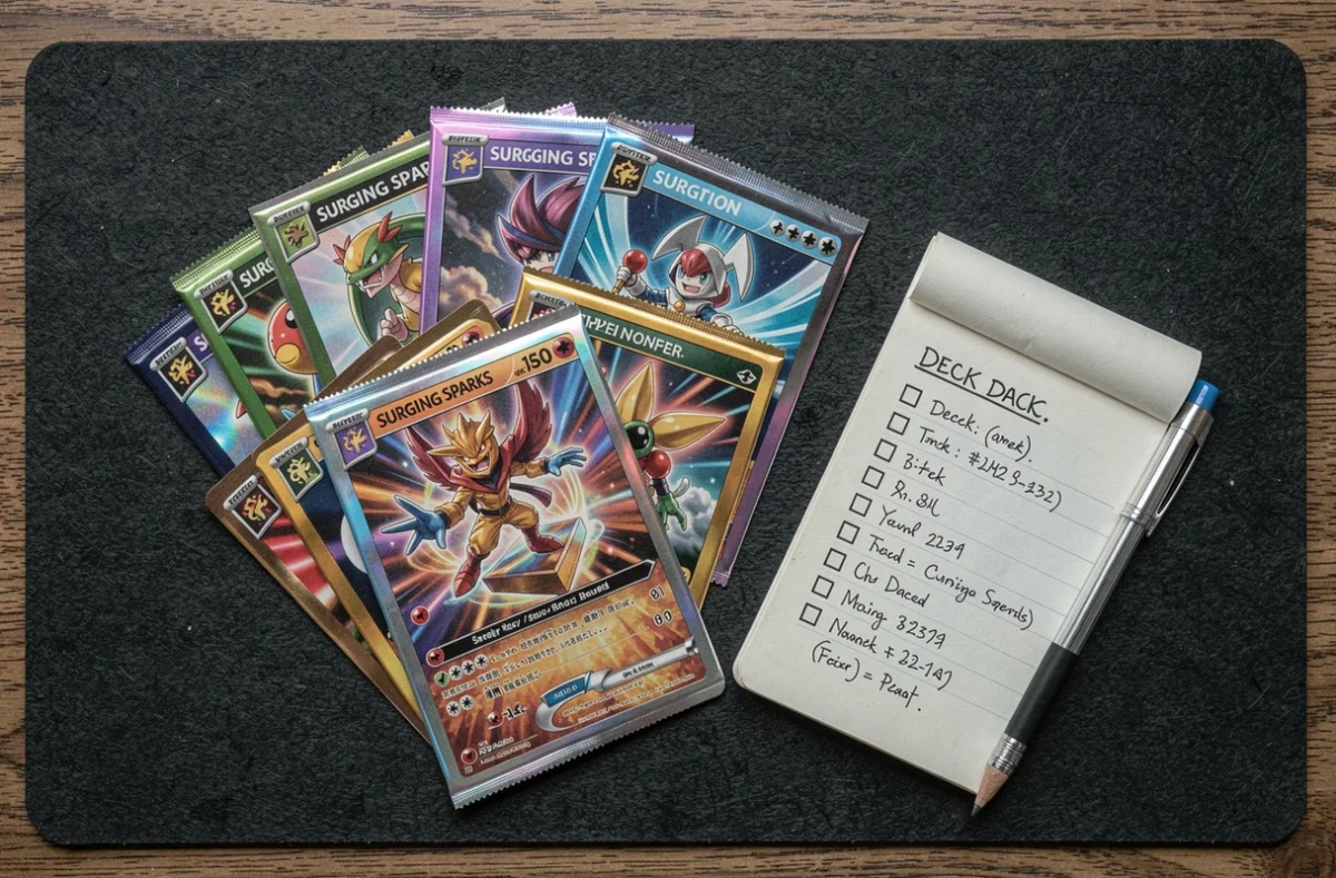 Vue du dessus de boosters Pokémon Étincelles Déferlantes ouverts avec des cartes holographiques et un carnet de construction de deck