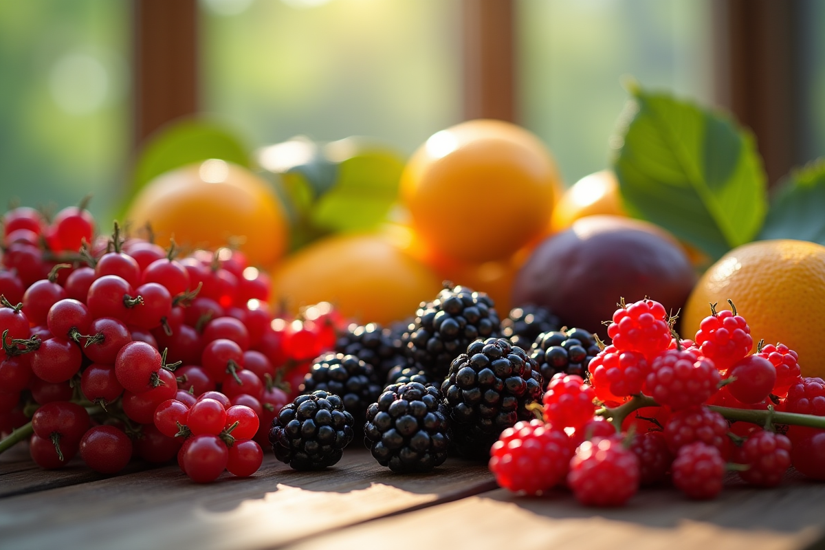 Sélection de fruits rares comme barberry bilberry et sapote noir sur une table en bois